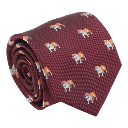 Burgundy Bulldog Dog Embroidered Tie