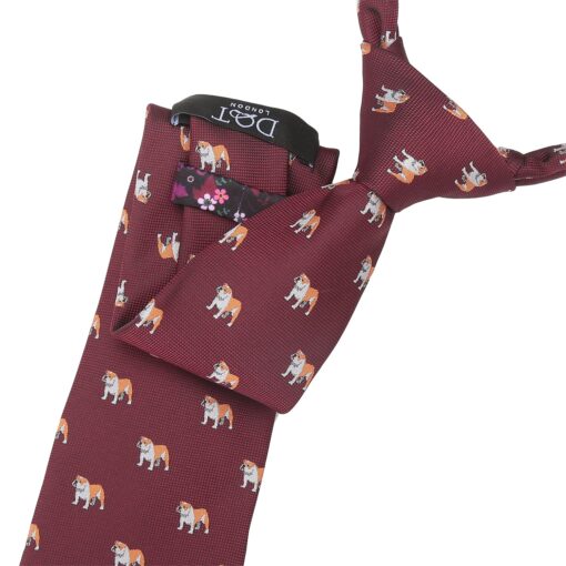 Burgundy Bulldog Dog Embroidered Tie