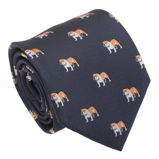 Navy Blue Bulldog Dog Embroidered Tie