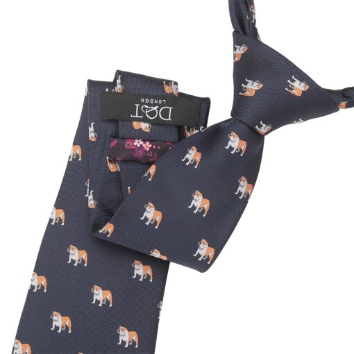 Navy Blue Bulldog Dog Embroidered Tie