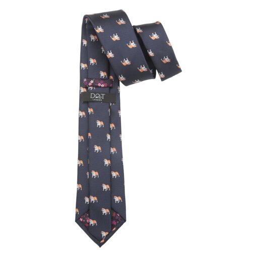 Navy Blue Bulldog Dog Embroidered Tie