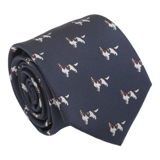 Navy Blue English Springer Spaniel Dog Embroidered Tie