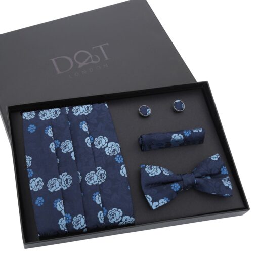 Blue Floral Rose Bow Tie 4pc Gift Box Set