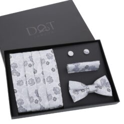Silver Floral Rose Bow Tie 4pc Gift Box Set