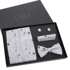 Silver & Pink Floral Rose Bow Tie 4pc Gift Box Set