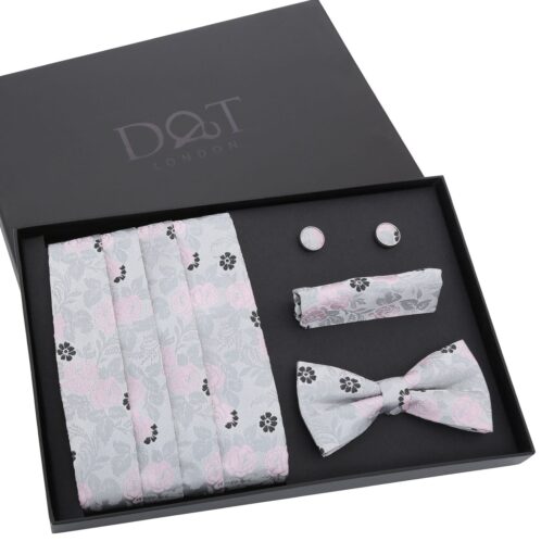 Silver & Pink Floral Rose Bow Tie 4pc Gift Box Set