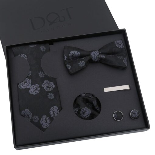 Black & Charcoal Floral Rose Tie 5pc Gift Box Set