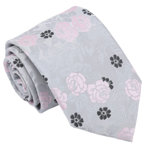 Silver & Pink Floral Rose Modern Classic Tie