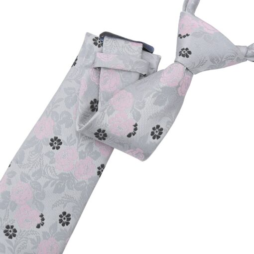 Silver & Pink Floral Rose Modern Classic Tie