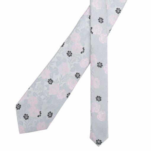 Silver & Pink Floral Rose Modern Classic Tie