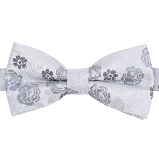 Silver Floral Rose Pre-Tied Bow Tie