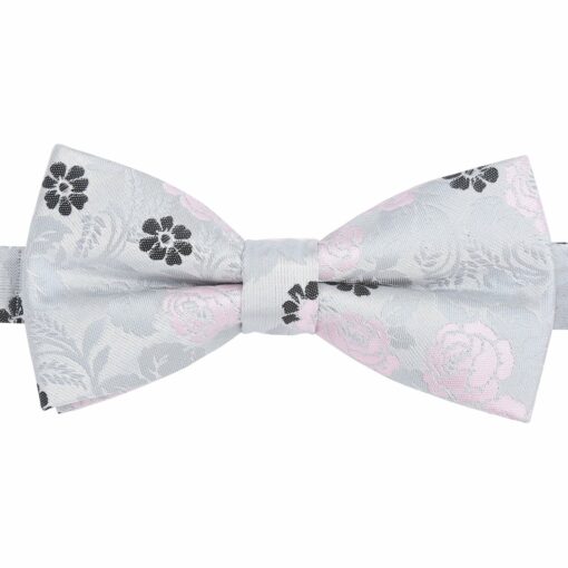 Silver & Pink Floral Rose Pre-Tied Bow Tie