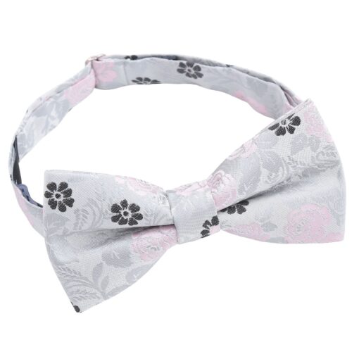 Silver & Pink Floral Rose Pre-Tied Bow Tie