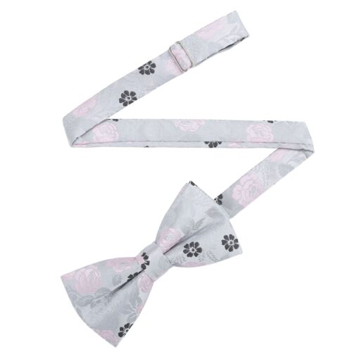 Silver & Pink Floral Rose Pre-Tied Bow Tie
