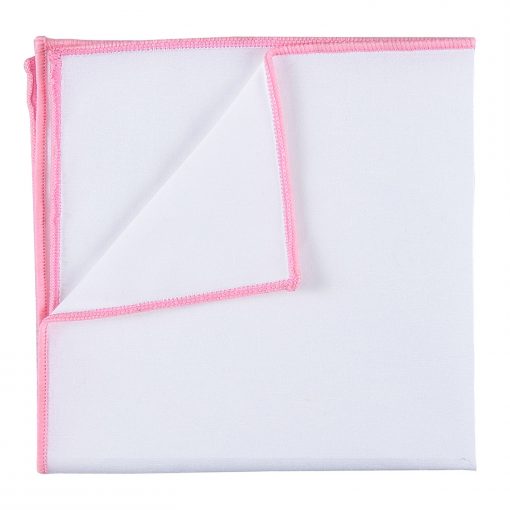 White Cotton Pocket Square With Baby Pink Trim