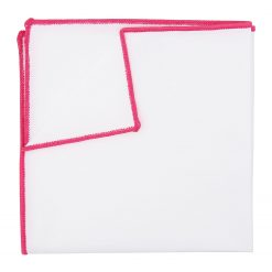 White Cotton Pocket Square With Hot Pink Trim