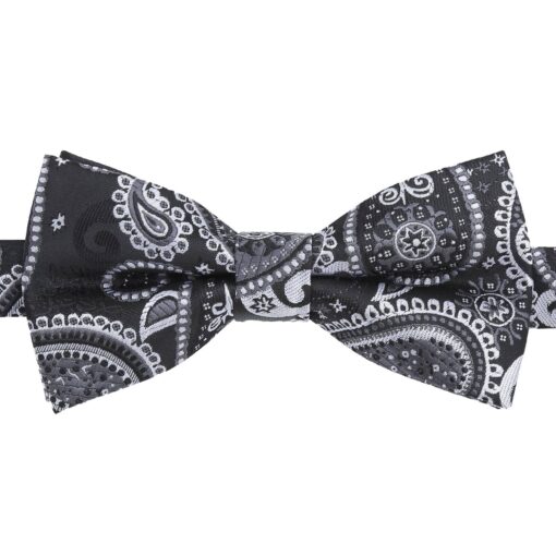 Black & Silver Paisley Bohemian Pre-Tied Thistle Bow Tie