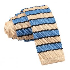 Cream, Light Blue with Black Thin Stripe Knitted Skinny Tie