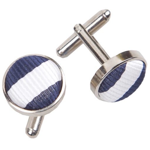 White & Navy Blue Thin Stripe Silver Plated Cufflinks