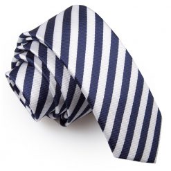 White & Navy Blue Thin Stripe Skinny Tie