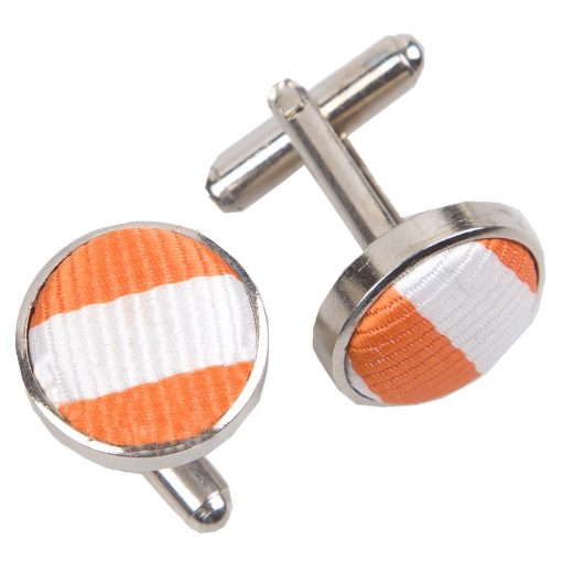 White & Orange Thin Stripe Silver Plated Cufflinks