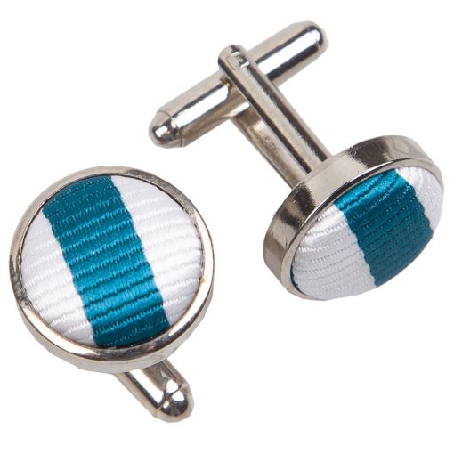 White & Teal Thin Stripe Silver Plated Cufflinks