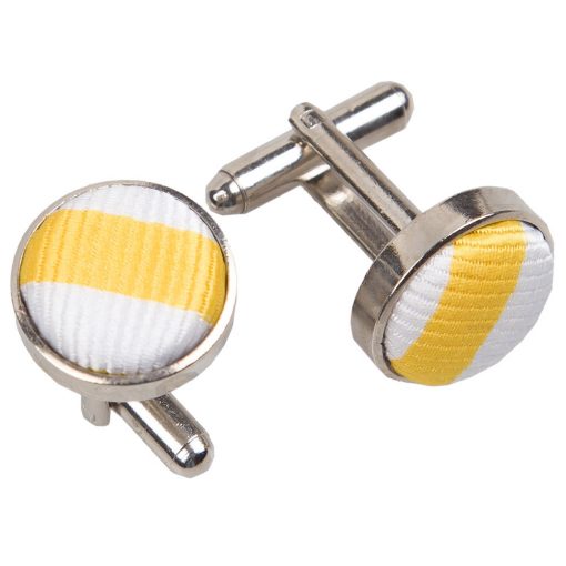 White & Yellow Thin Stripe Silver Plated Cufflinks