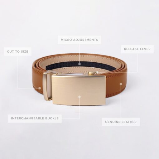 Cognac Brown Smooth Leather Auto Belt Gift Box Set