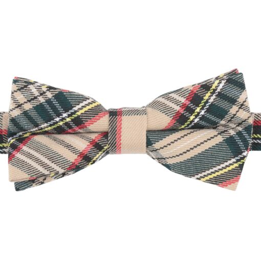 Beige Tartan Plaid Pre-Tied Thistle Bow Tie