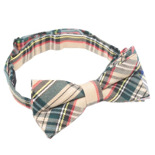 Beige Tartan Plaid Pre-Tied Thistle Bow Tie