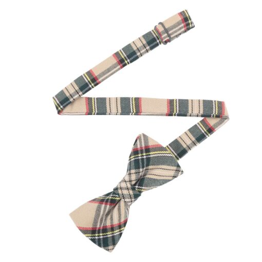 Beige Tartan Plaid Pre-Tied Thistle Bow Tie